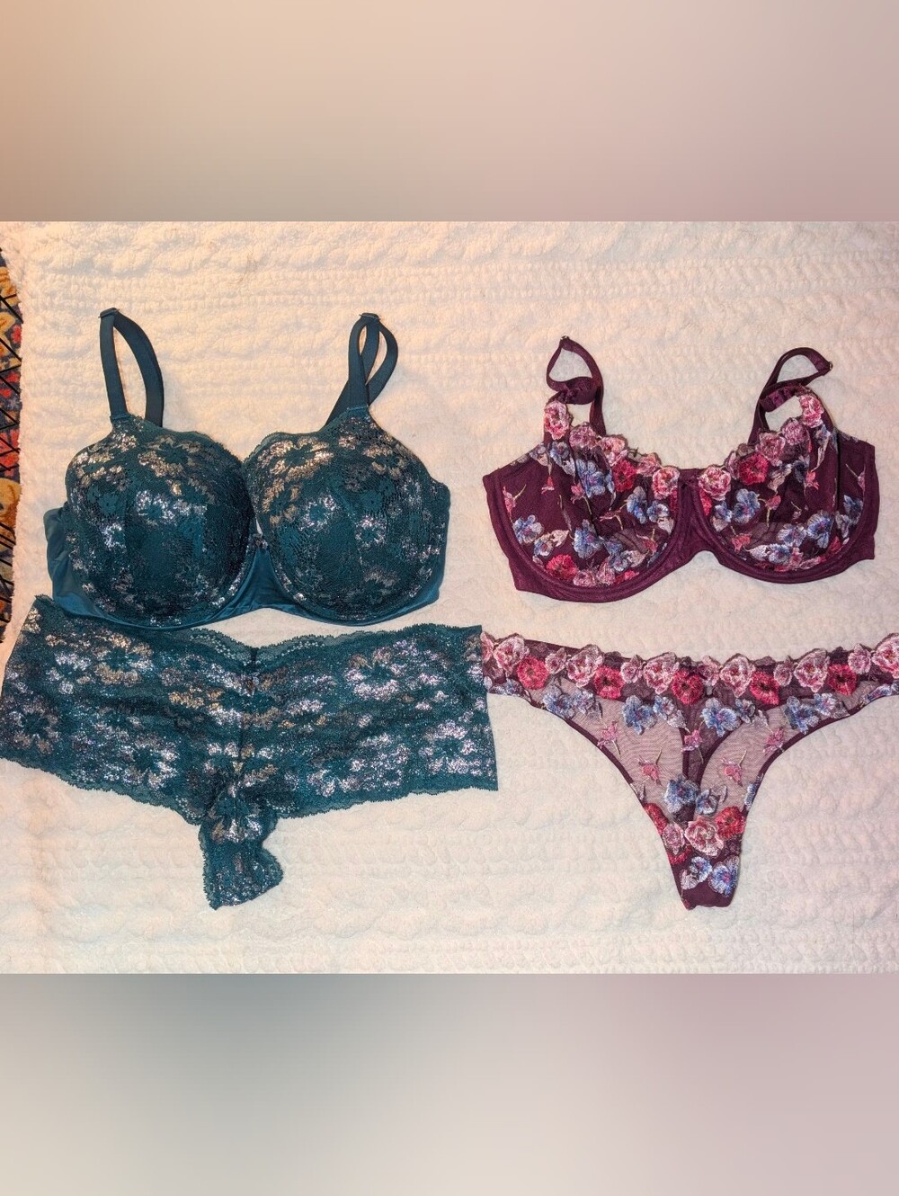 Victoria's Secrets Lace Balconette Bra & Matching Panty Sets - Teal and Burgundy